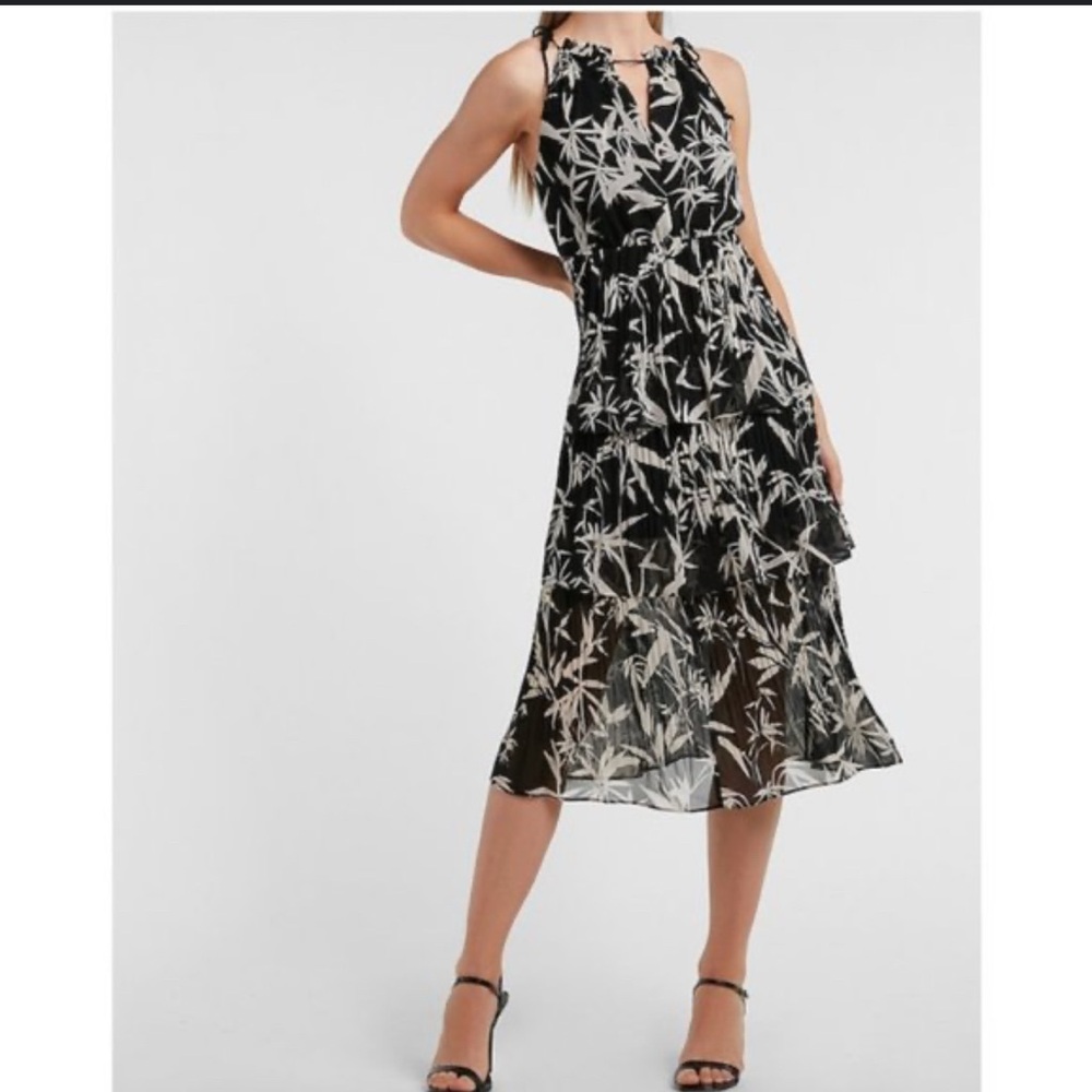 Express Black and Beige Ruffled Halter Midi Dress Sz Small